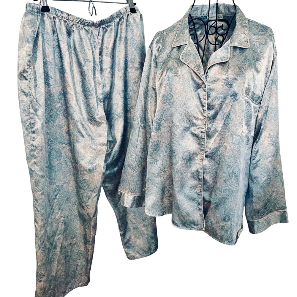 Vintage Miss Elaine Shimmery Satin Paisley Pajama Set Lounge Glam Retro